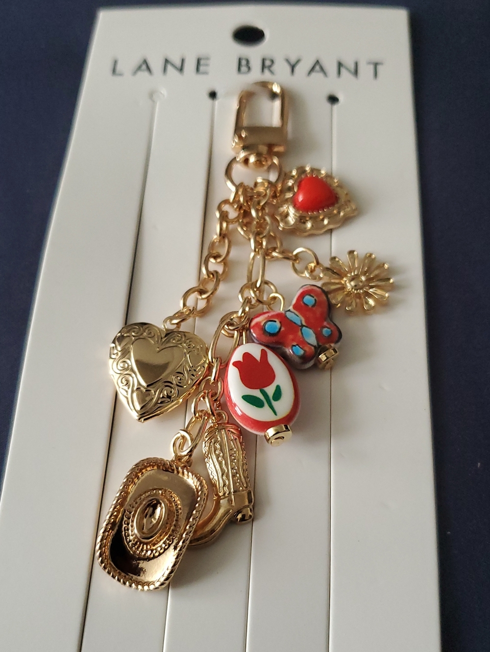 Lane Bryant Gold-Tone Charm Keychain with Red and Blue Accents